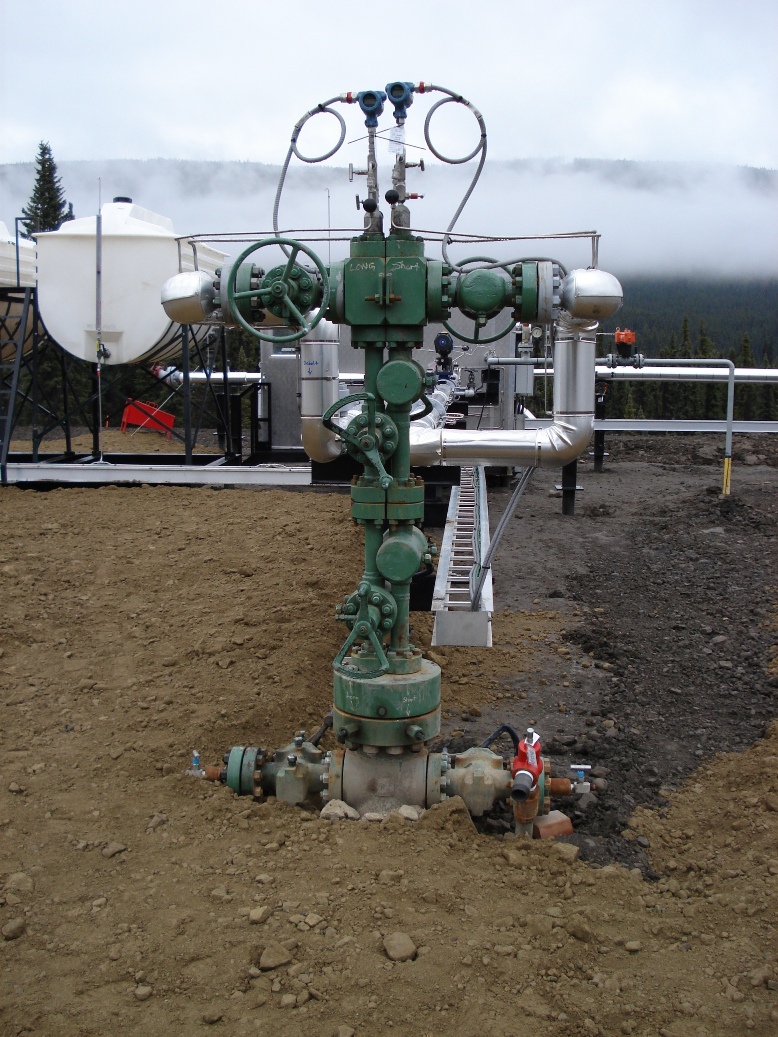 Dual-completion wellhead and valves at a field site in British Columbia